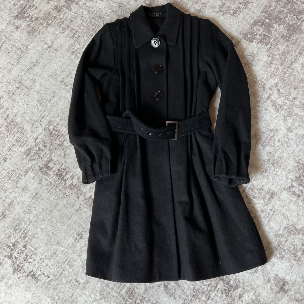 Theory Coat Womens Medium Black Wool Blend Belted Single Breasted Trench Panya